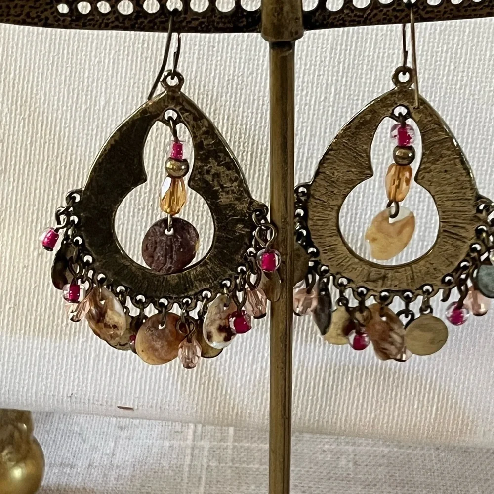 Vintage Bohemian brass mother of pearl earrings..